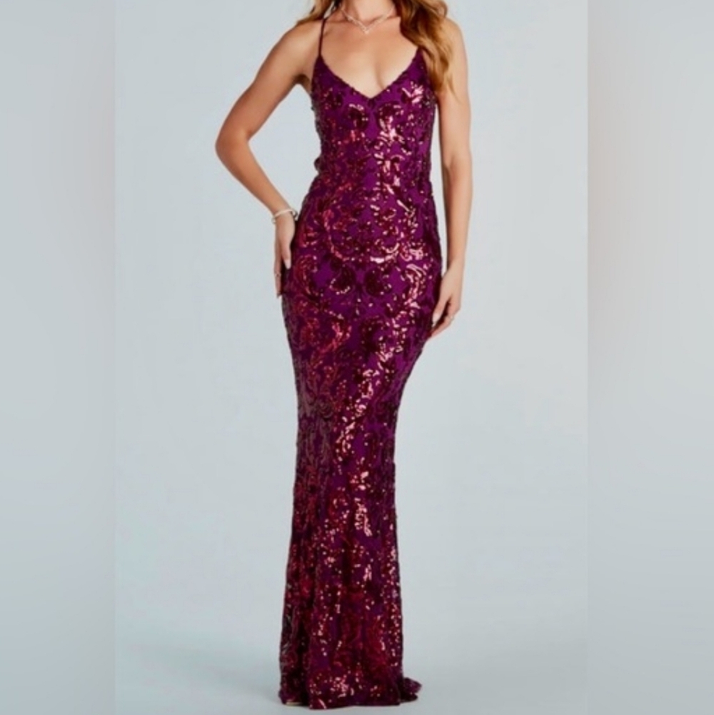 Windsor Tasha Fuchsia Sequin Brocade Mermaid Lace Back Formal Dress